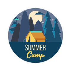 Camping. Vector emblem. Summer holidays in a tent on the nature. Night in the camp.