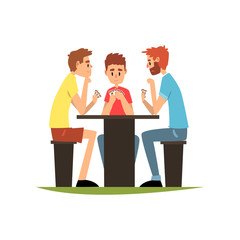 Friends playing cards sitting at the table, men having good time together vector Illustration on a white background