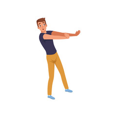 Frightened man trying to defending from something. Young guy with scared face expression. Emotional person. Flat vector design
