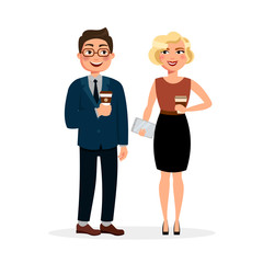 Young people meeting and drinking coffee outdoors. Two businessmen at lunch or breakfast having business coffee break. Urban lifestyle concept illustration in flat design isolated on white background.