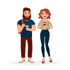Young people meeting and drinking coffee outdoors. Two students girl and boy at lunch or breakfast having coffee break. Urban lifestyle concept illustration in flat design isolated on white background