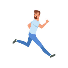 Frightened bearded man running away looking back. Cartoon character of young guy with scared face expression. Flat vector design