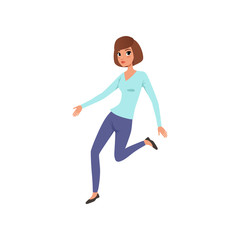 Fototapeta na wymiar Brunette woman in jumping action. Cartoon character of young girl. Colorful flat vector design