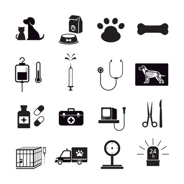 Veterinary Icons Set, Clinic or Hospitals, Pets, Cats & Dogs