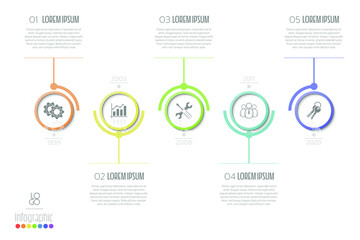 Vector business template with 5 section info, steps, options or processes. Can be used for timeline, workflow, research, strategy, annual report.