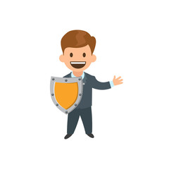 Funny smiling cartoon character with a shield. Flat vector illustration. Isolated on white background.