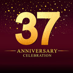 37 years anniversary. celebration logotype 37th years.Logo with golden and on dark pink background, vector design for invitation card, greeting card. 