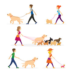 People Walking with Dogs Set, Men and Women, Small to Large Dogs Size