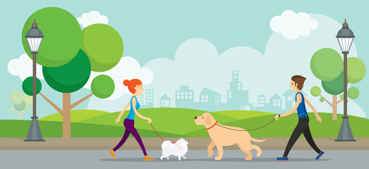 Man and Woman with Dogs in the Park, Walking, Exercise, Outdoor City Background