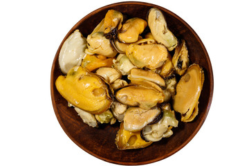Marinated mussels isolated on white background