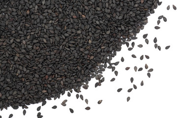 Black sesame seeds with copy space for your text isolated on white background top view
