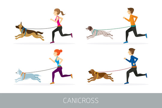 Canicross, People Running with Dogs, Sport Outdoor Training and Jogging