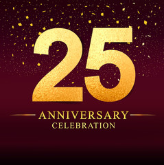 25 years anniversary. celebration logotype 25th years.Logo with golden and on dark pink background, vector design for invitation card, greeting card. 