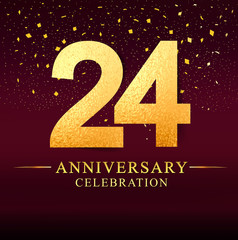 24 years anniversary. celebration logotype 24th years.Logo with golden and on dark pink background, vector design for invitation card, greeting card. 