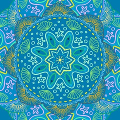 Seamless pattern with beach mandala. Ethnic mandala with decorative ornament, doodle fishes, wind. Vector illustration