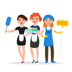 Cleaning service staff smiling cartoon characters isolated on white background. House cleaners dressed in uniform vector illustration in a flat style. Cute and cheerful maids and housekeeping concept.