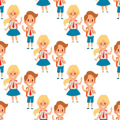 Children studying school kids going study together childhood happy primary education character vector seamless pattern background.