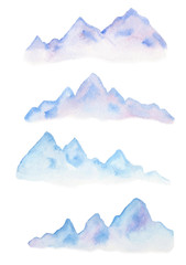 Watercolor set of mountains in blue color.
