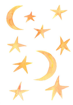 Watercolor collection of  stars and crescent