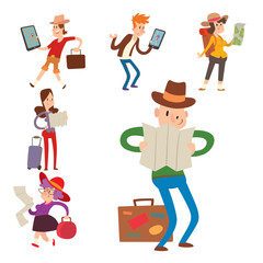 Traveler people searching right direction on map vector traveling freedom and active character lifestyle concept illustration.