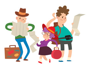 Traveler people searching right direction on map vector traveling freedom and active character lifestyle concept illustration.