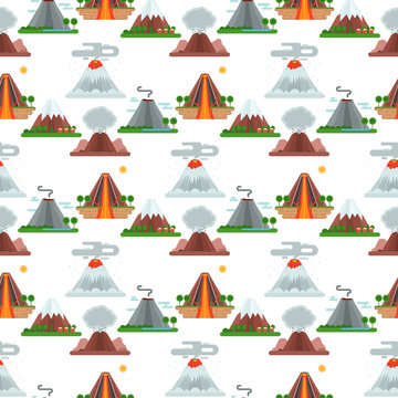 Volcano magma vector nature blowing up with smoke crater volcanic mountain hot natural eruption earthquake seamless pattern background illustration.