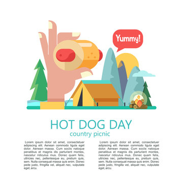 Hot dog. Tasty sausage in a bun. Vector illustration in flat style.