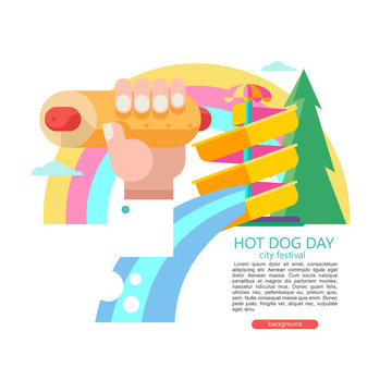 Hot dog. Tasty sausage in a bun. Vector illustration in flat style.