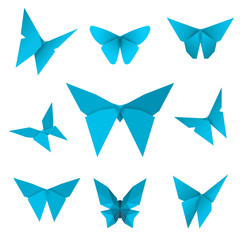 Set of flying isolated paper butterflies. Blue butterfly on the white background. Japanese origami, craft and paper style. Single elements for any decor. Vector Illustration.