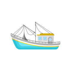 Naklejka premium Blue fishing trawler with net and ropes. Water transport. Flat vector icon of boat for commercial fishing concept