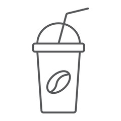 Ice coffee thin line icon, coffee and cafe, cup sign vector graphics, a linear pattern on a white background, eps 10.