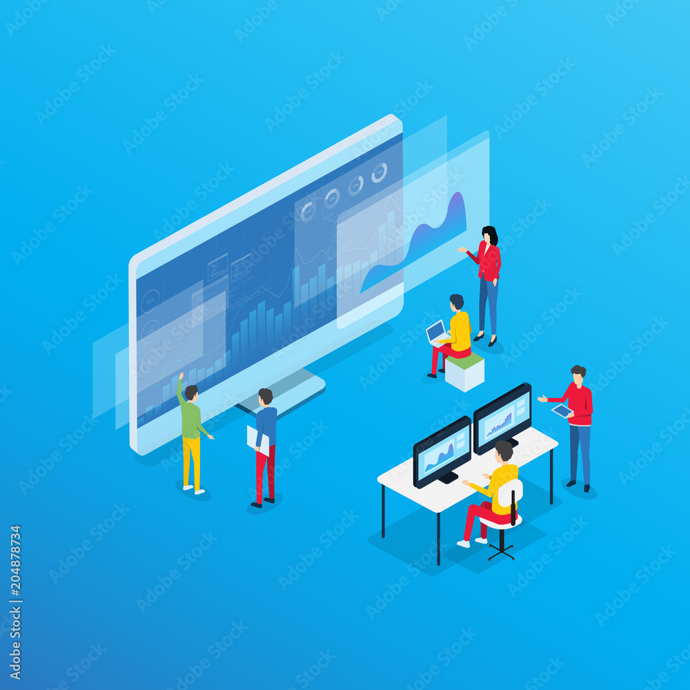 Poster business analytics design concept and  business team meeting for working  on dashboard monitor 
