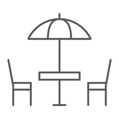 Street Cafe thin line icon, table and chair, umbrella sign vector graphics, a linear pattern on a white background, eps 10.