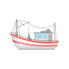 Naklejka premium Colorful flat vector design of fishing boat with trawl net and ropes. Commercial marine vessel
