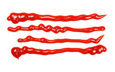 Red ketchup spreading, splashes isolated on white background, tomato pure texture, top view