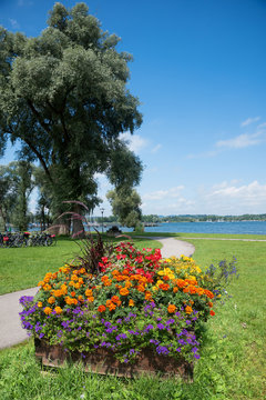Chiemsee Ufer bei Bernau mit Blumenbepflanzung