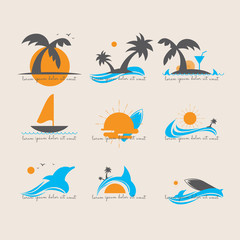 Fototapeta na wymiar logo Summer sea, fish, palm trees. wallpapers. Vector illustration. Dolphin. Bird. sun. Windsurfing