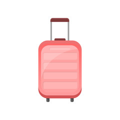 Flat vector icon of pink plastic suitcase on wheels. Traveler bag with telescopic handle. Object related to vacation theme