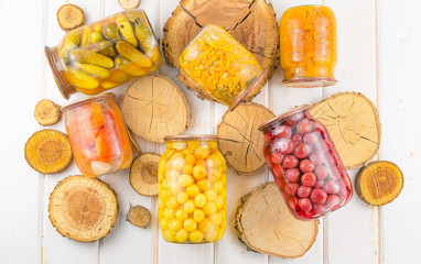 Different preserves in glass jars