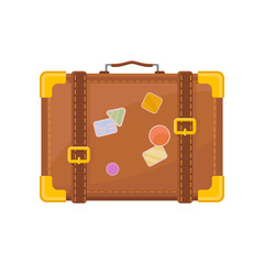 Flat vector icon of retro suitcase with stickers. Vintage travel bag with little handle, golden corners and belts. Luggage for adventure