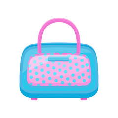 Blue-pink handbag in polka dots. Flat vector design of fashion women accessory for carry personal items.