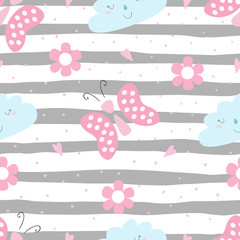 Cute hand drawn seamless pattern with Butterfly and cloud vector illustration