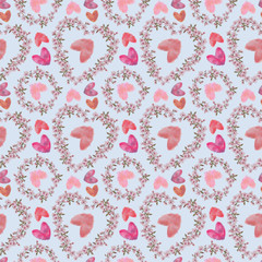 Spring Blooms and Watercolor Hearts Seamless Pattern on Blue Background. Floral Heart and Round Shape Wreaths and Hearts Rapport for Romantic Wedding, and Valentine Day.