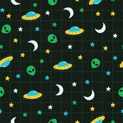 Alien, ufo, moon, star outer space pattern. A playful, modern, and flexible pattern for brand who has cute and fun style. Repeated pattern. Happy, bright, and magical mood.