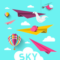 Paper Planes with Hot Air Balloons, Origami Birds, Clouds and Helicopter. Vector Blue Sky Design.