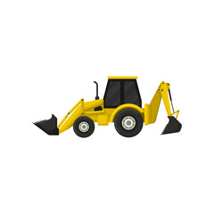 Obraz na płótnie Canvas Colorful icon of backhoe-loader. Yellow tractor with two buckets. Heavy digging machine. Flat vector design