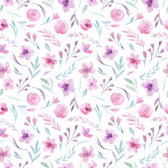 Fototapeta na wymiar Watercolor floral pattern. Seamless pattern with purple, gold and pink bouquet on white background. Flowers, roses, peonies and leaves