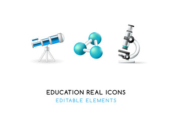 Set of Real Cute Education Elements on White Background . Isolated Vector Illustration
