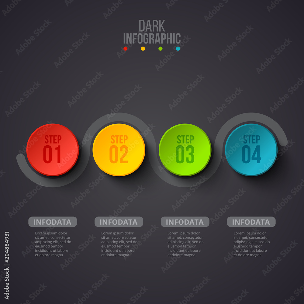 Poster Creative concept for dark infographic. Business data visualization. Abstract circle elements of graph, diagram with 4 steps, options, parts or processes. Vector business template for presentation.