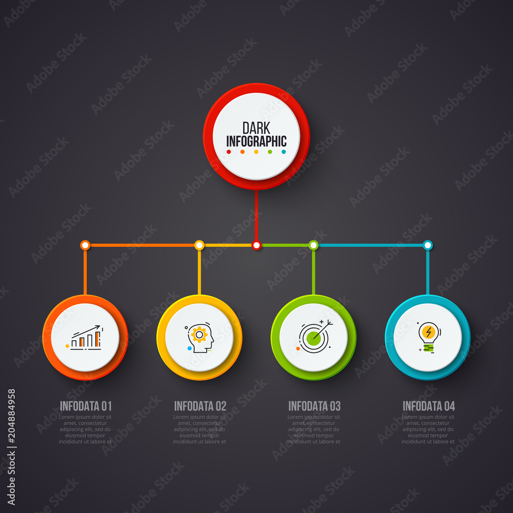 Poster Creative concept for dark infographic. Business data visualization. Abstract circle elements of graph, diagram with 5 steps, options, parts or processes. Vector business template for presentation.